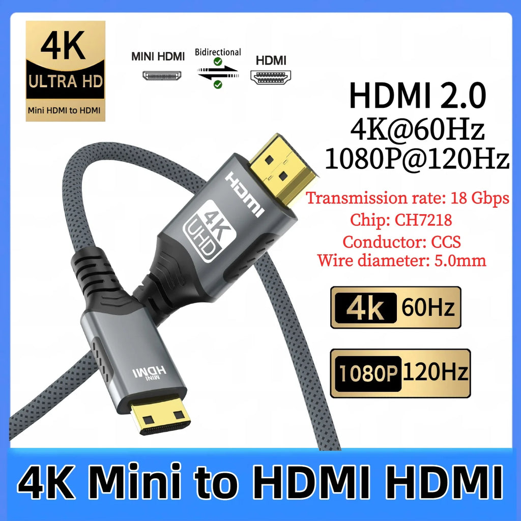 4K Mini HDMI to HDMI Cable HD 4K@60Hz High-Speed Braided HDMI-compatible Cable Bi-Directional 2.0Cord for HDTV Tablet Camera