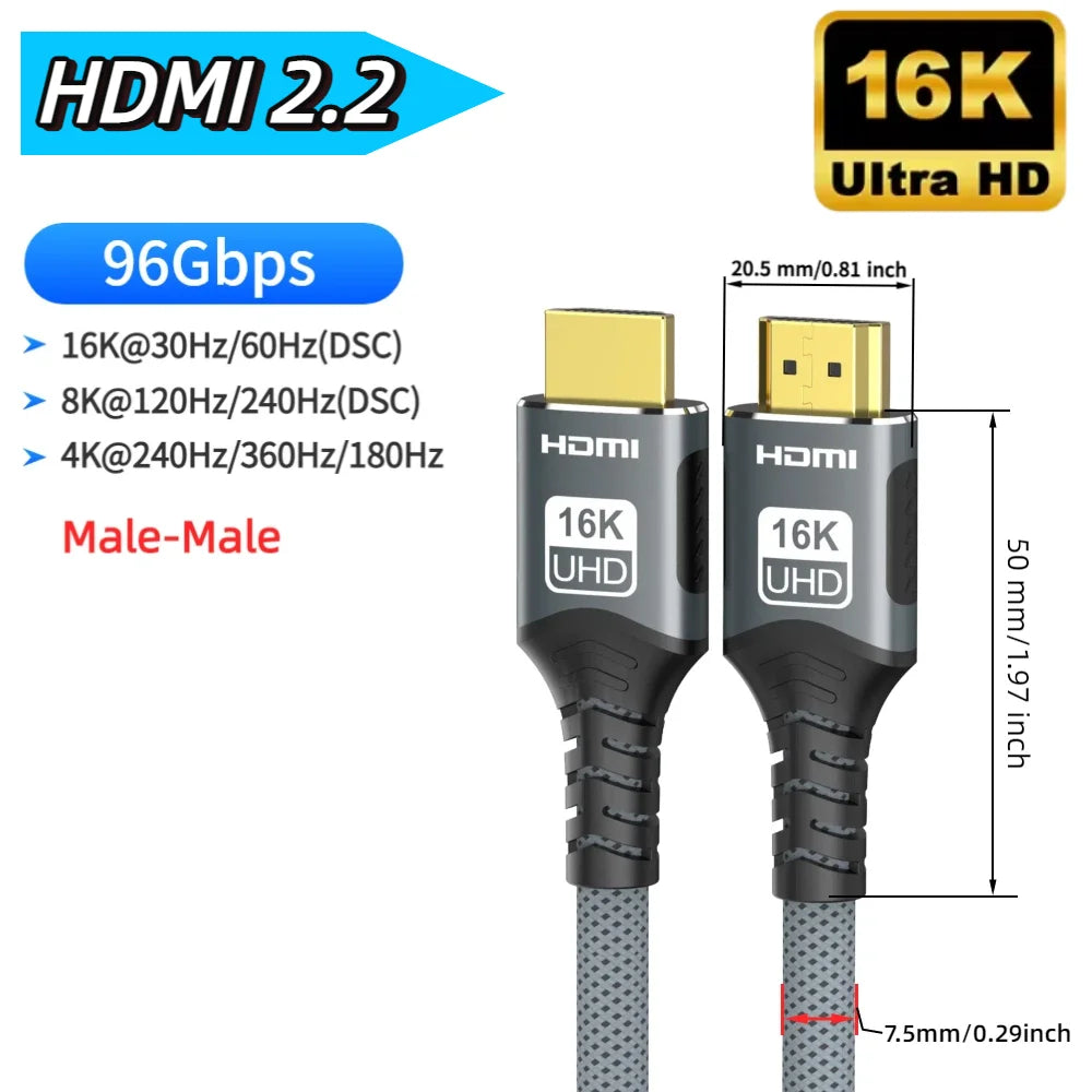 16K HDMI 2.2 Cable 96Gbps 8K@120Hz 4K@240Hz 2K@360Hz Supports HDMI 2.1  eARC HDR10+ for PS5/PS6 Laptop Gaming/Home Theater