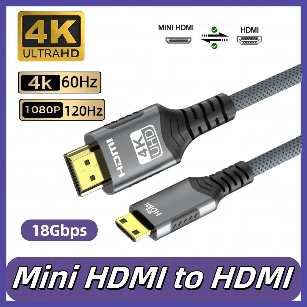 4K Mini HDMI to HDMI Cable HD 4K@60Hz High-Speed Braided HDMI-compatible Cable Bi-Directional 2.0Cord for HDTV Tablet Camera