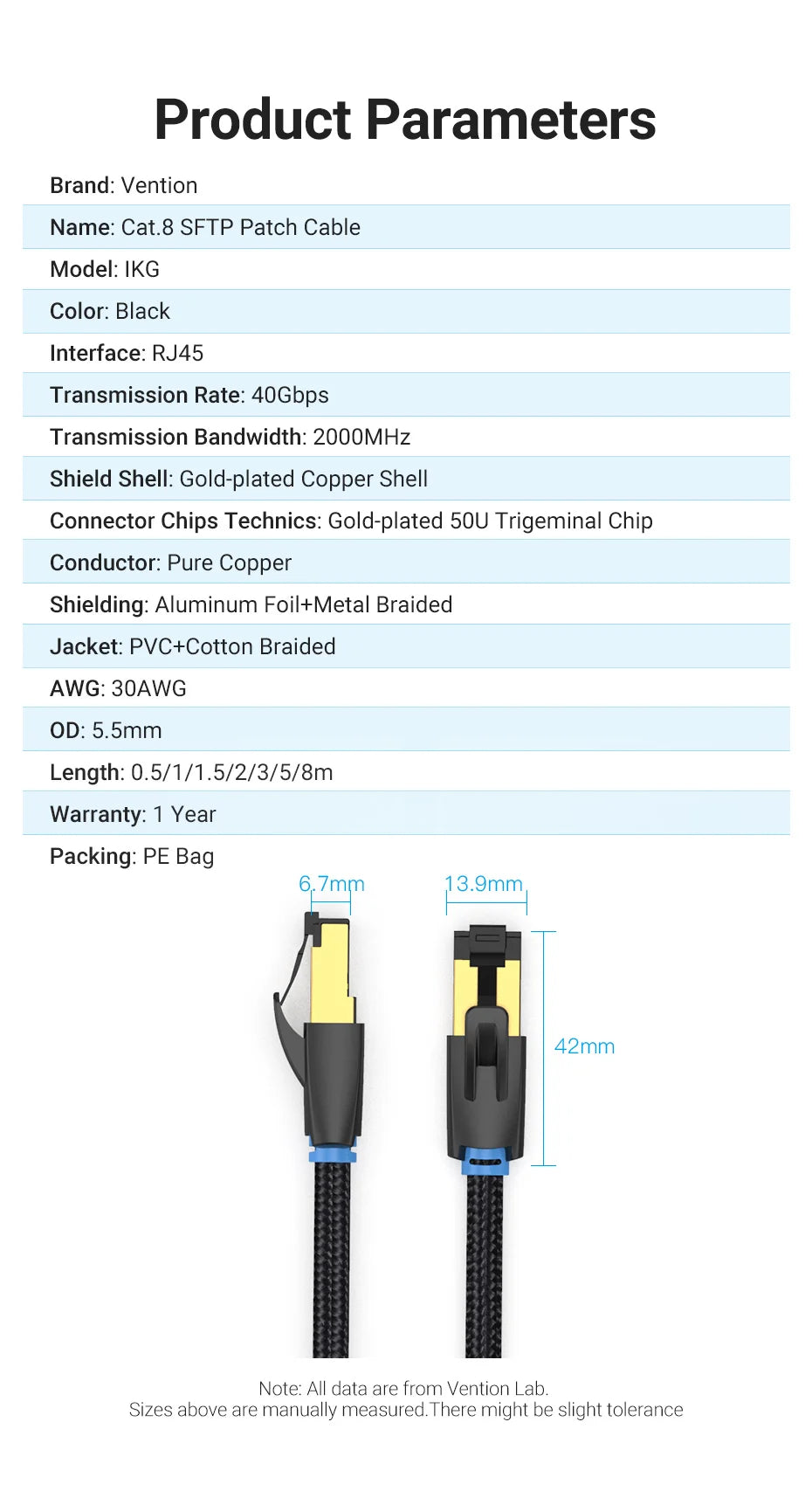 Vention CAT8 Ethernet Cable 40Gbps 2000MHz CAT 8 Networking Cotton Braided Internet Lan Cord for Laptops PS 5 Router RJ45 Cable