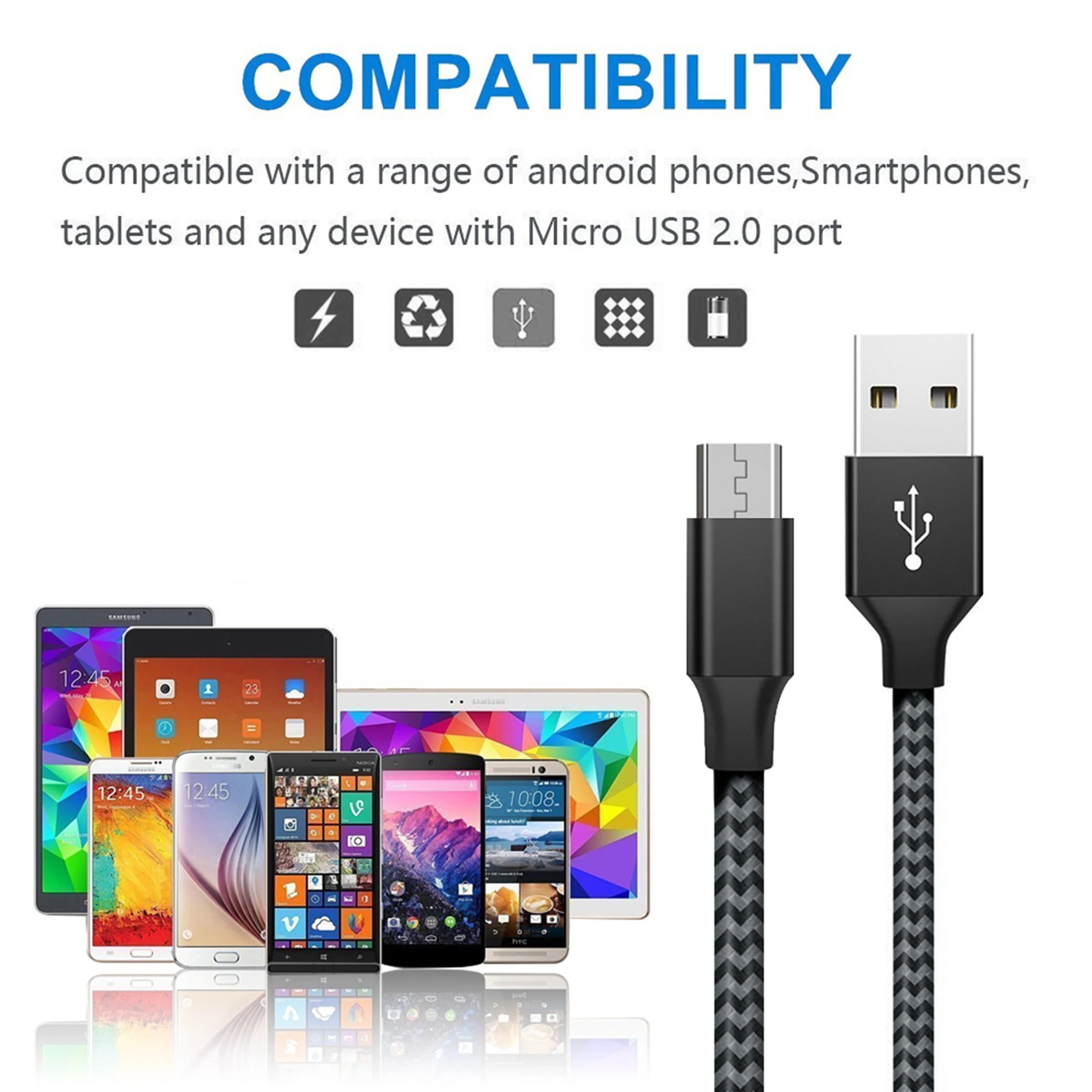 Android Data Cable Fast Charging Cable for Old Model Phones with Trapezoidal Port, Dual-Engine Micro USB Charger Cable, Compatible with Huawei, Xiaomi, Vivo, Meizu, Honor, Oppo, Android, Car Fast Charging Cable 1m