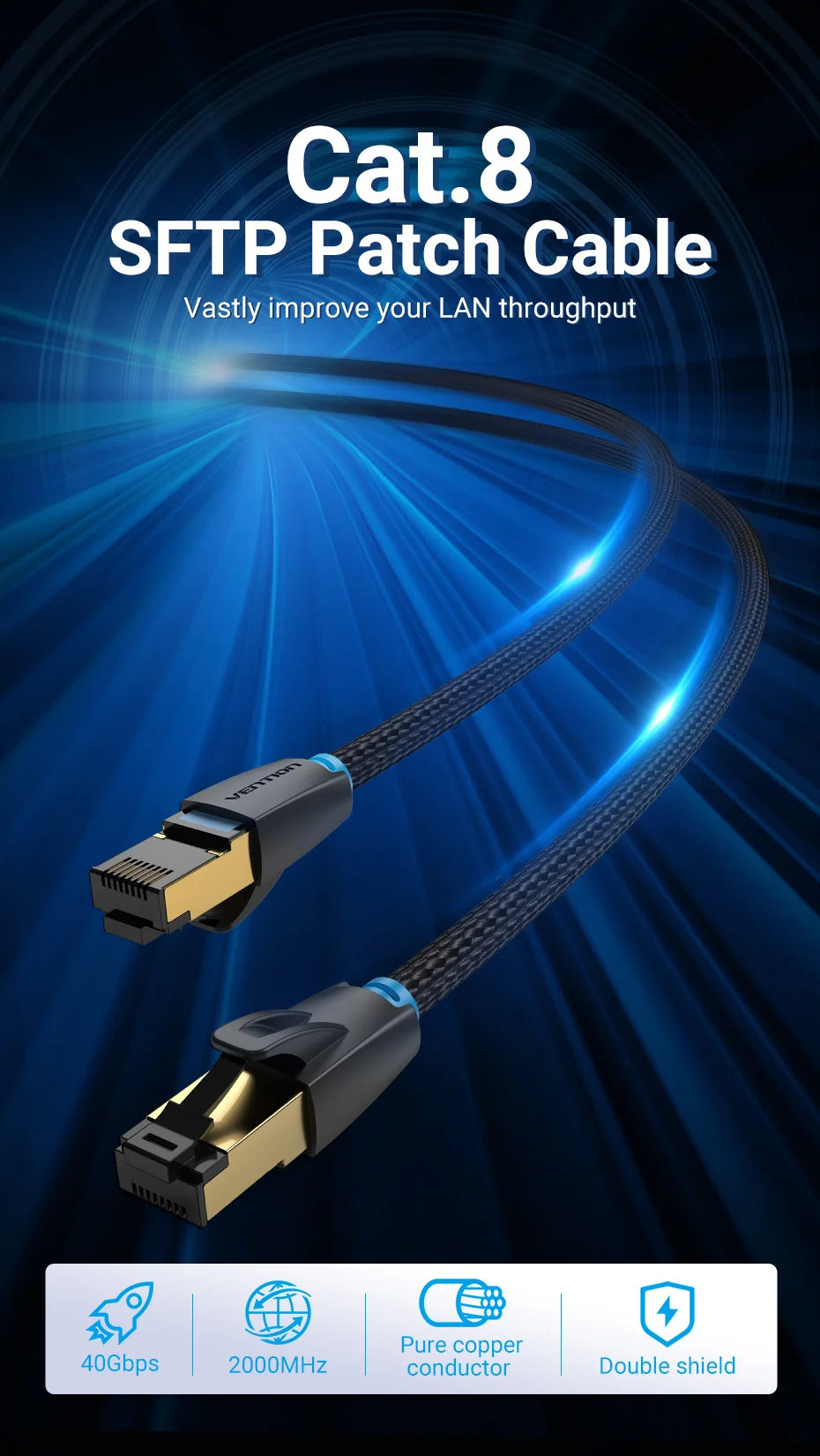 Vention CAT8 Ethernet Cable 40Gbps 2000MHz CAT 8 Networking Cotton Braided Internet Lan Cord for Laptops PS 5 Router RJ45 Cable